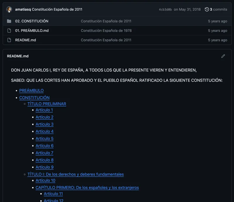 A Github repository with the articles of the spanish constitution