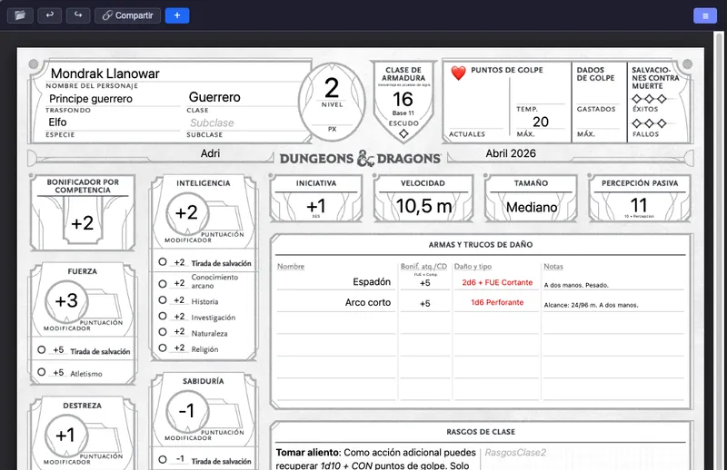 Una ficha de personaje de D&D abierta en el editor
