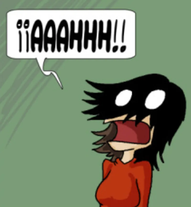 Genara, a comic character with long hair over the eyes, screeaming "AHHHH!"