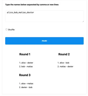 Una web con un campo de texto, un botón azul que dice "Pair" y tres rondas emparejando los nombres que han sido introducidos